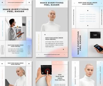 A few versions of a mockup for a web page that displays a young man and woman using different electronic devices